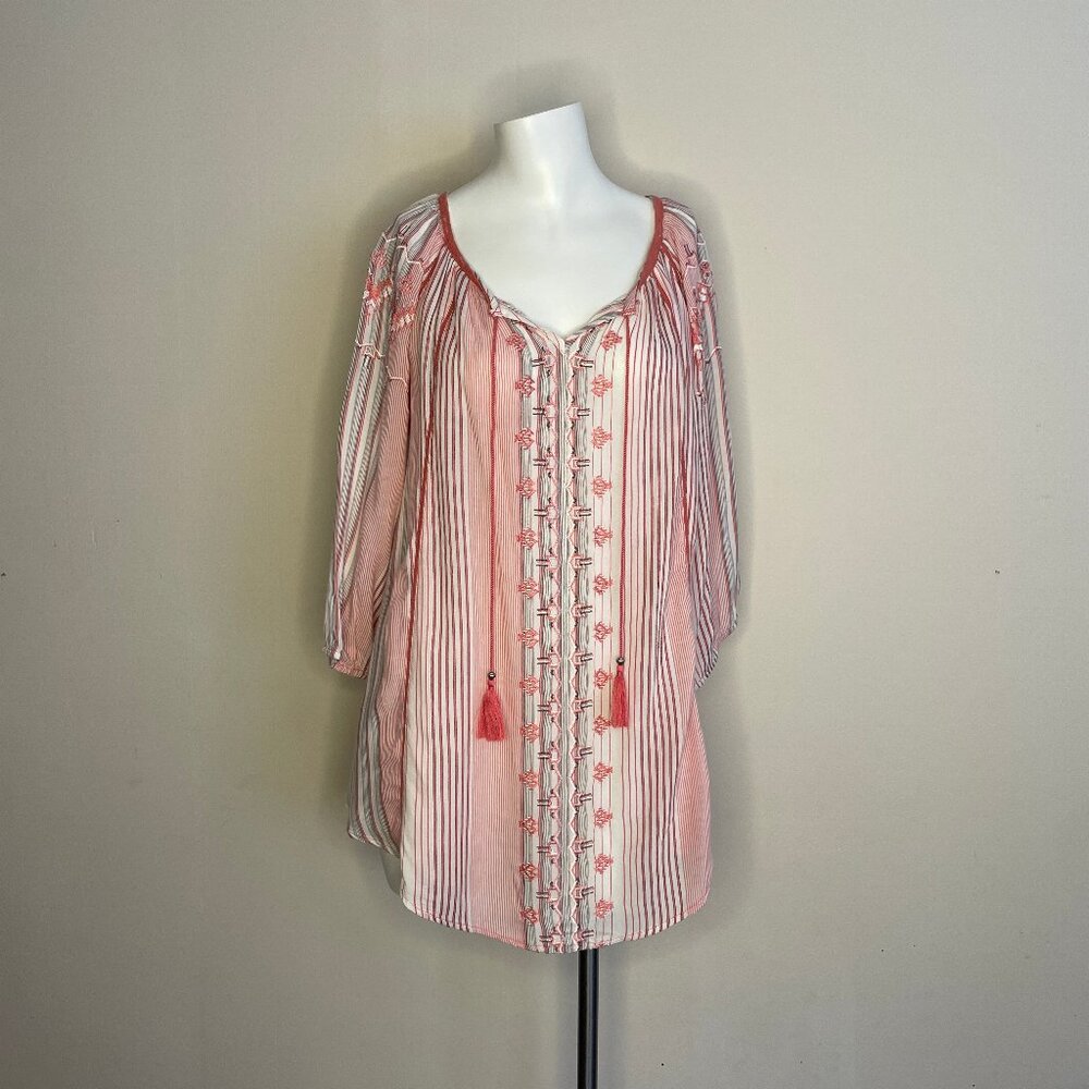 JW Style Tunic Womens Medium Blouse Shirt Embroidered Top Tassles Boho Peasant